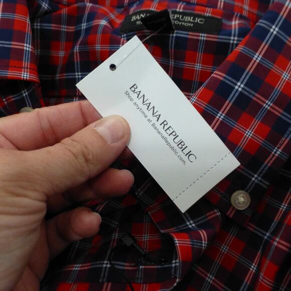 Banana Republic Shirt Mens Medium Slim Fit Tech Stretch Button Up Red Plaid NWT - Picture 6 of 12